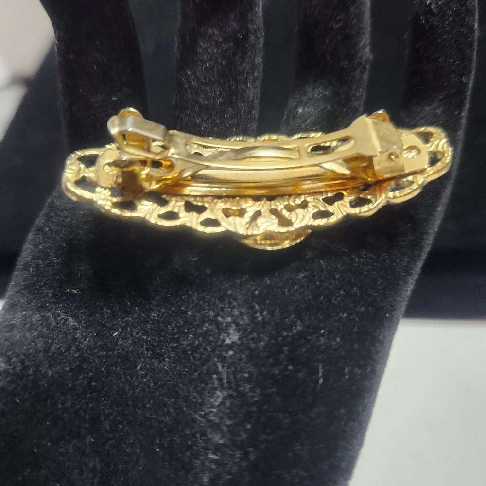 Vintage Gold Tone Filigree Rose Porcelain Cabochon Hair Barrette French Clip